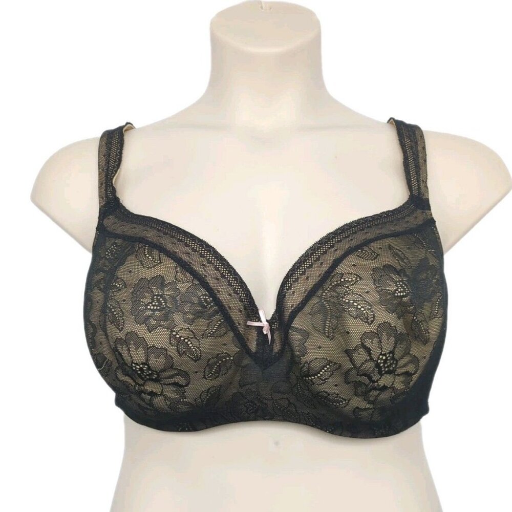 Cacique Womens Bra Modern Lace Balconette 42DD Black Underwire Lane Bryant